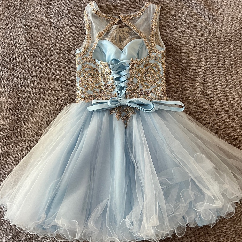 Fiesta Fashion Formal Elegant Blue Mini Dress with Gold Accents Size Small - Picture 2 of 5